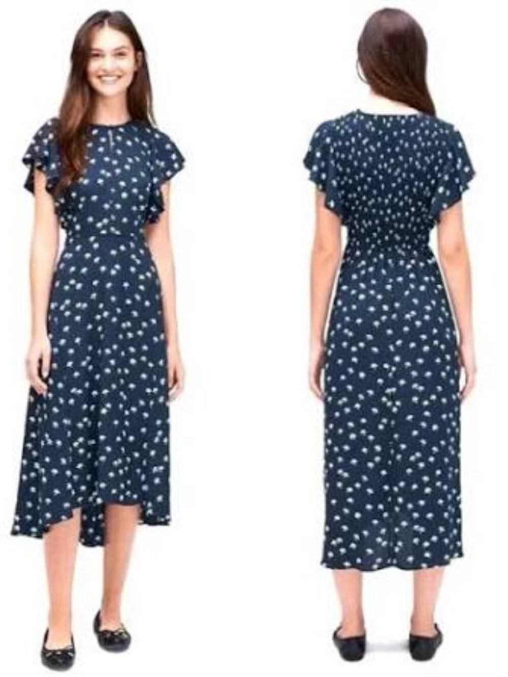 Kate Spade Navy Floral Daisy Toss Flutter Sleeve Midi Dress Size 2 NWOT